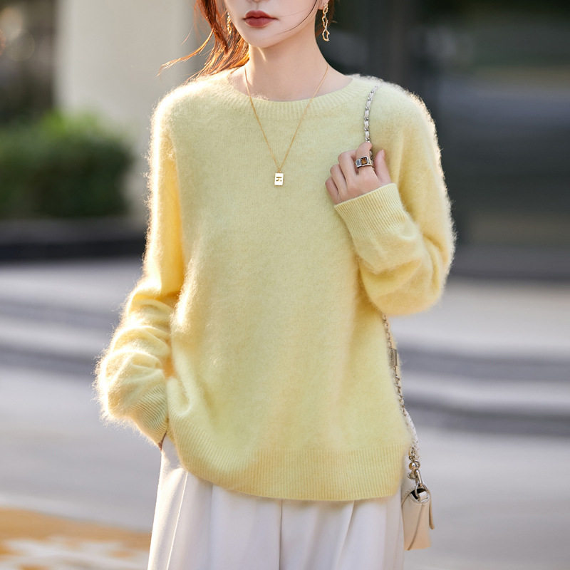 羊毛衫秋冬圆领拉毛羊毛衫女针织衫气质宽松打底毛衣上衣感