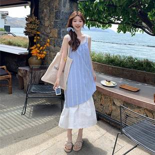 夏季 背心裙中長(zhǎng)裙子 格子連衣裙女2025新款 假兩件蕾絲拼接藍(lán)色無袖