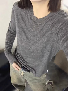 欧洲站2025春秋新款 欧货简约圆领纯色明线百搭显瘦天丝羊毛打底衫