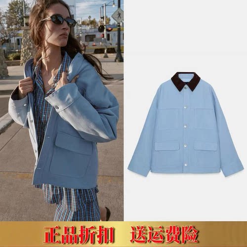 ZA家春季新款女装休闲宽松大口袋拼接领口棉服夹克外套 2188351