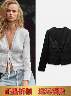 秋季新品女装棉质舒适系带黑色v领长袖衬衫衬衣 0881046 800