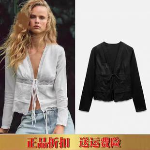 秋季新品女装棉质舒适系带黑色v领长袖衬衫衬衣 0881046 800