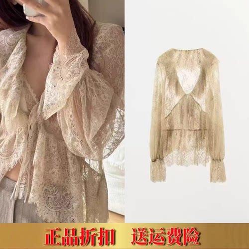 ZA春季女装辣妹纯欲风宽松V领蝴蝶结系带薄款蕾丝衬衫 1063137
