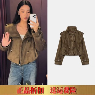ZA家2026秋冬款女装休闲反绒皮效果打褶短风衣夹克外套 8490706