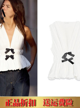 2025春夏新款甜美蝴蝶结V领收腰花苞蓬蓬无袖背心女上衣5067170