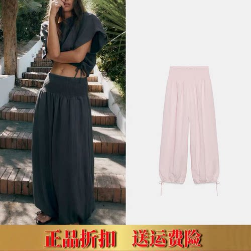 ZA家新款8338709高腰阔腿裤色松紧腰麻棉休闲裤松弛感长裤1255478
