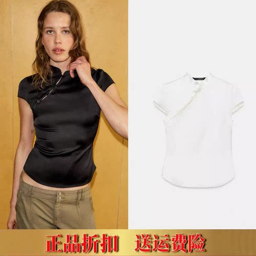 ZA家女装夏新品短袖丝缎质感侧边纽扣新中式短衬衫上衣女2751341