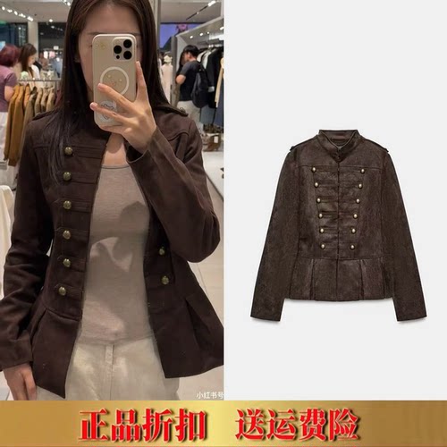 ZA家2026秋季立领海盗爷九分裙摆绒面质感拿破仑短外套女 3454650