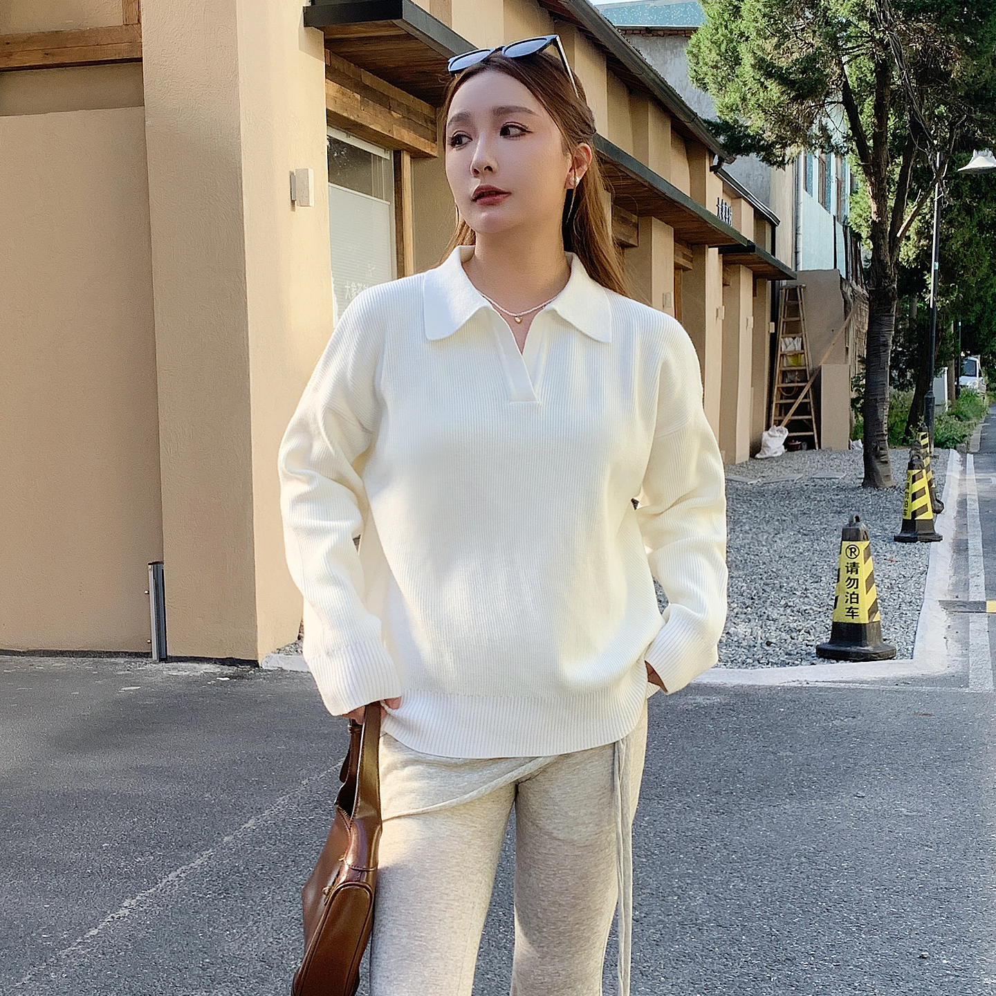 早秋新款polo领毛衣女韩版慵懒风宽松v领套头针织衫miu系上衣长袖