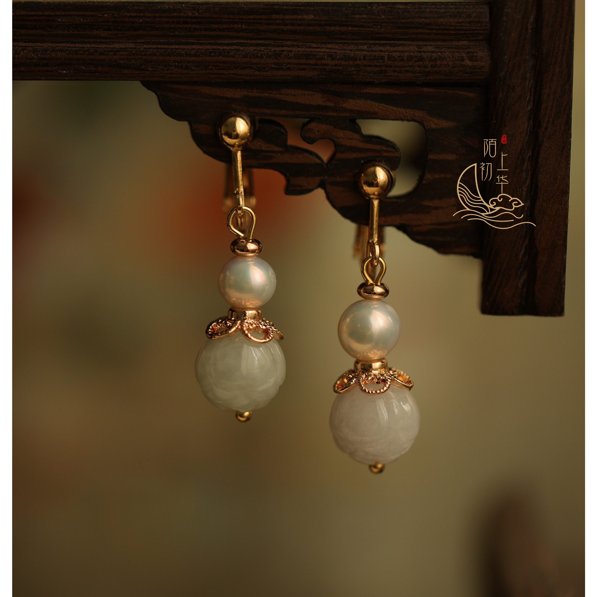 【千叶】新版珍珠翡翠莲花珠耳环-220801【现货】