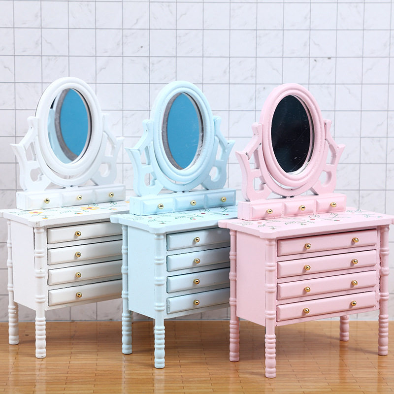 1:12娃娃屋迷你微缩食玩OB11家具袖珍梳妆台带镜抽屉桌子工艺品