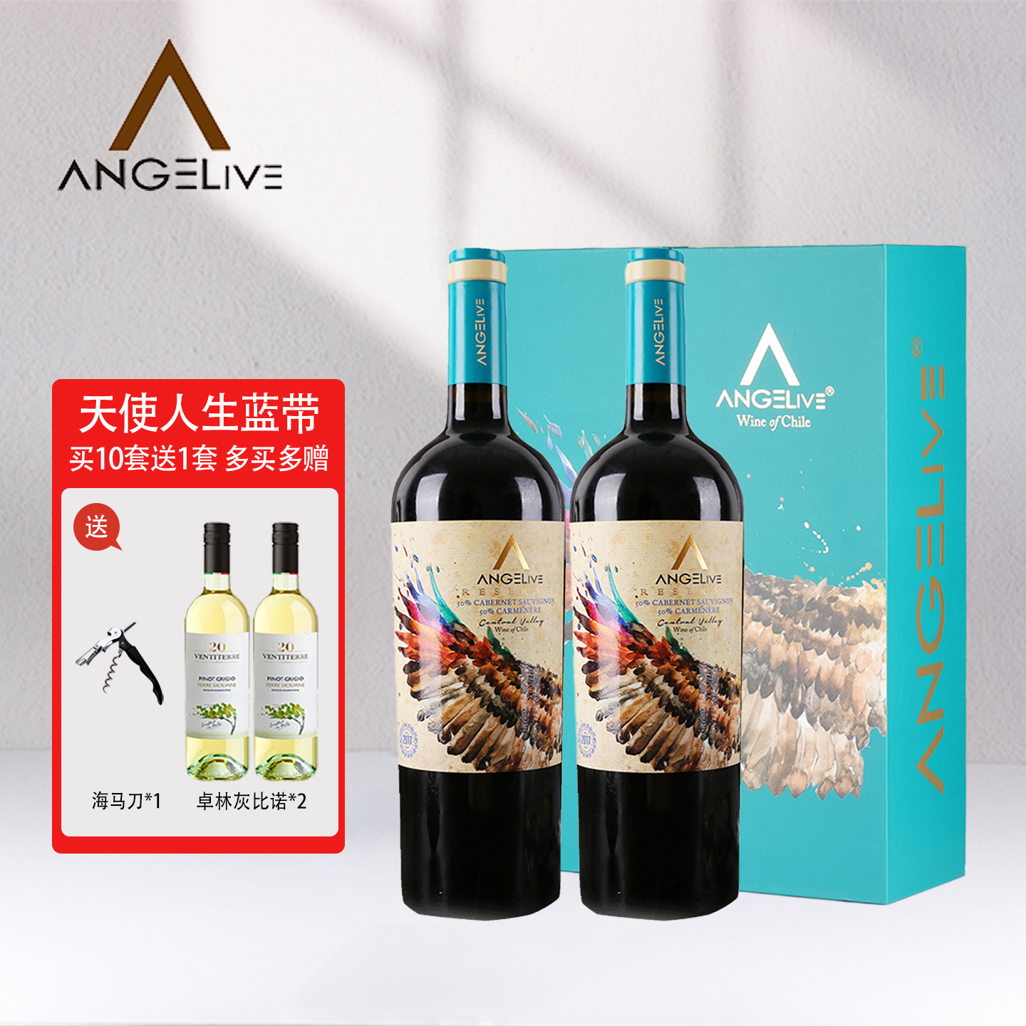 智利原瓶进口红酒天使人生蓝带珍藏干红葡萄酒双支礼盒装正品包邮