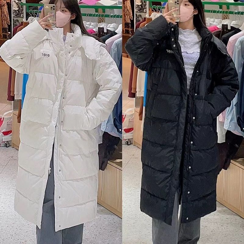 韩国长款过膝羽绒服连帽学院风字母可拆卸男女同款超长外套