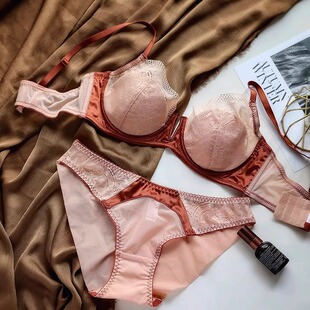 AH文胸套装轻奢法式性感缎面大胸薄款蕾丝聚拢胸罩夏软钢圈内衣女