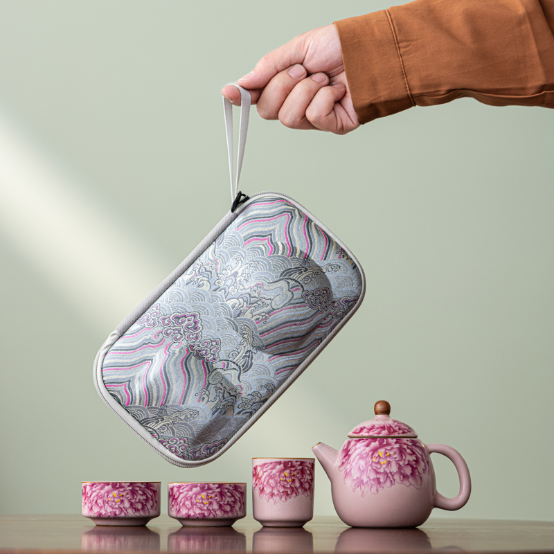 便携式旅行茶具套装手提收纳包中式茶壶茶杯粉彩汝窑开片功夫茶具