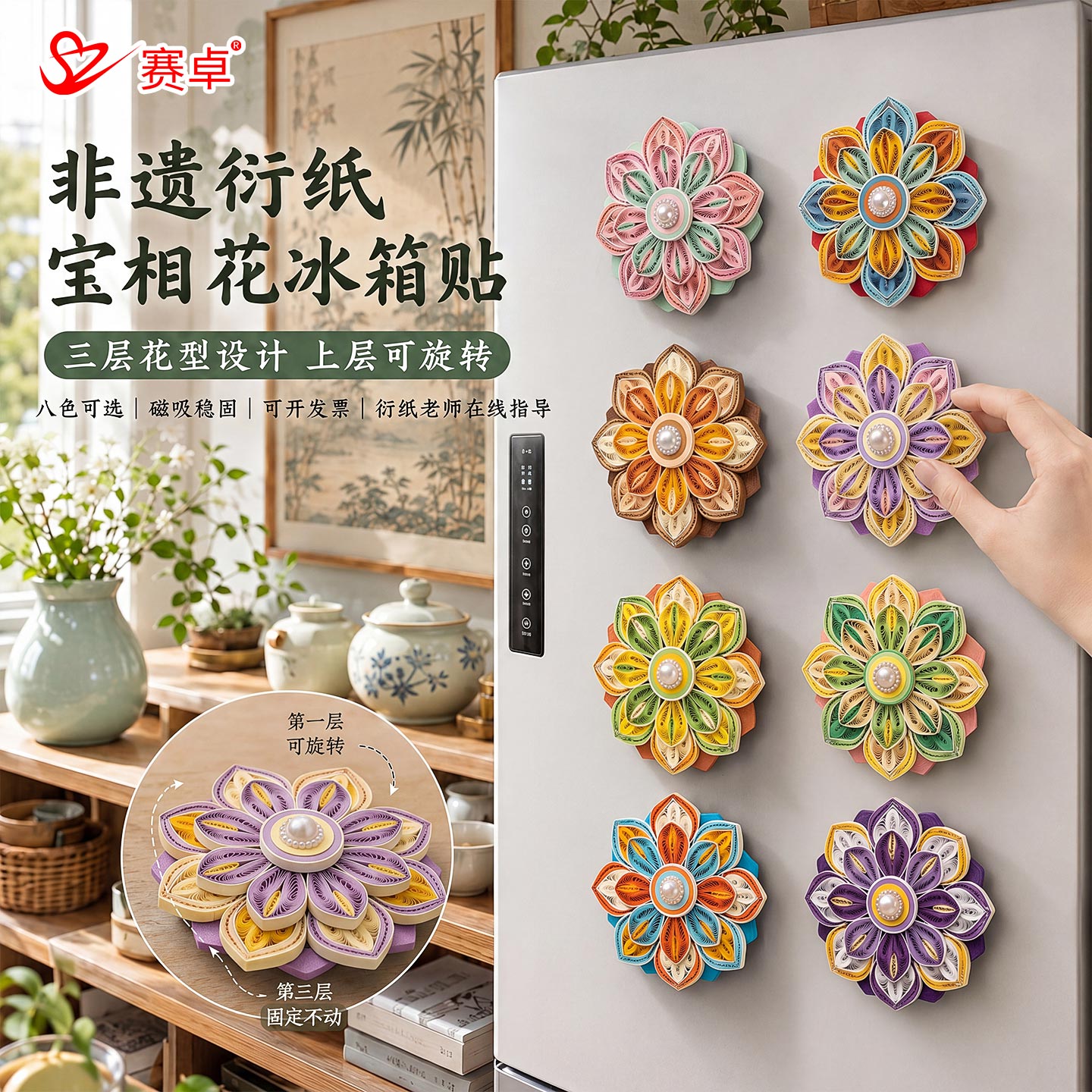可转动宝相花冰箱贴衍纸材料包图片