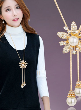 大气珍珠花朵毛衣链女高级感