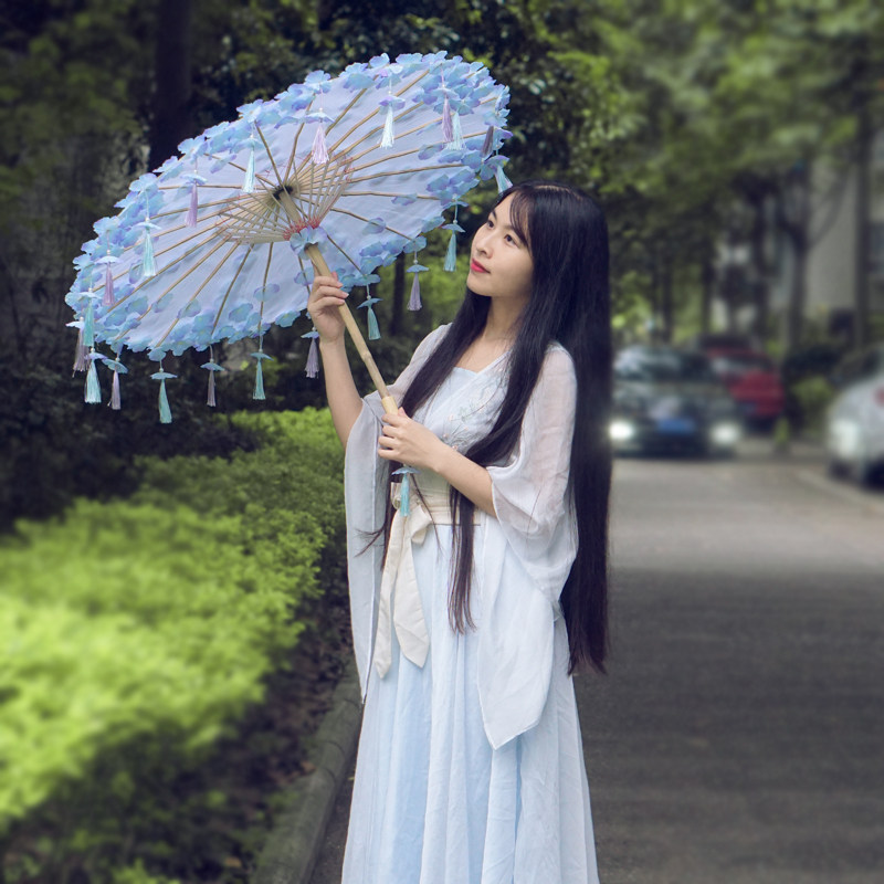 原创古风复古cos动漫华丽流苏花瓣汉服配伞摄影道具蓝紫花伞清灵