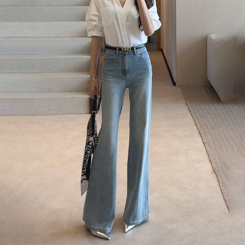 浅蓝色小个子微喇牛仔裤女2026春夏新款高腰垂感显瘦不贴腿喇叭裤