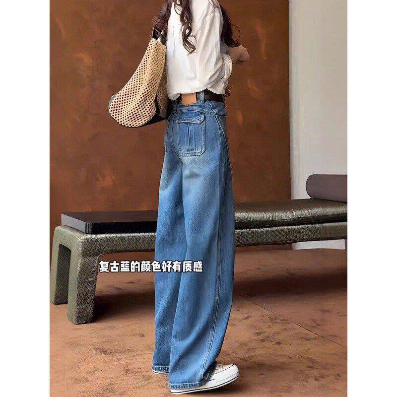 复古蓝窄版牛仔裤女2025年秋季新款大码胖MM高腰宽松显瘦阔腿长裤