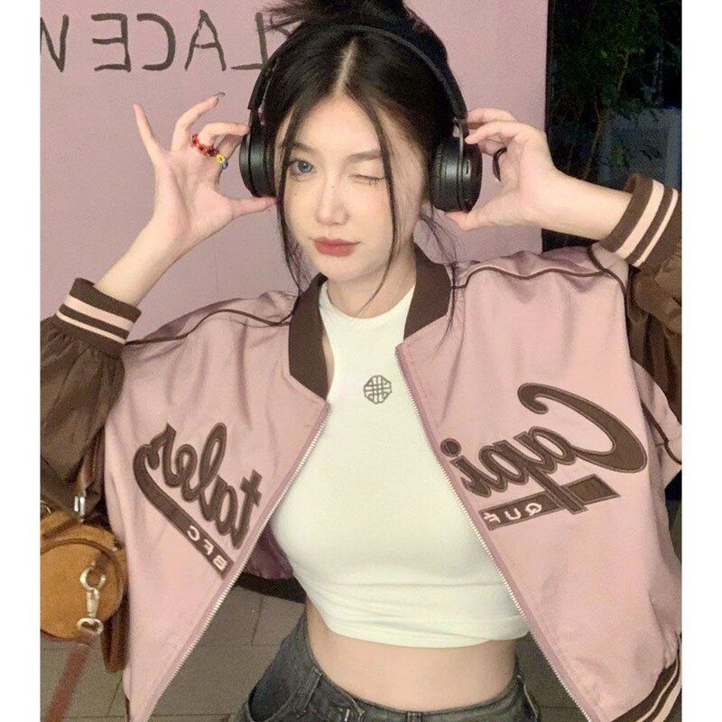 美式复古国潮拼接撞色短款棒球服毛呢外套