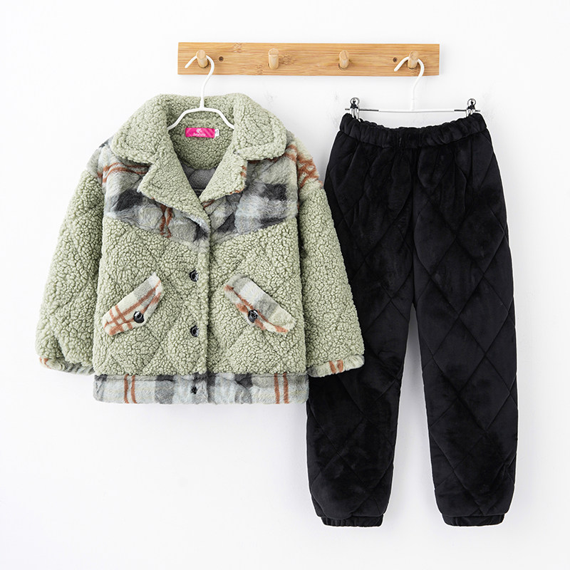三昌女童睡衣加厚加绒三层夹棉冬珊瑚绒儿童套装羊羔绒保暖家居服
