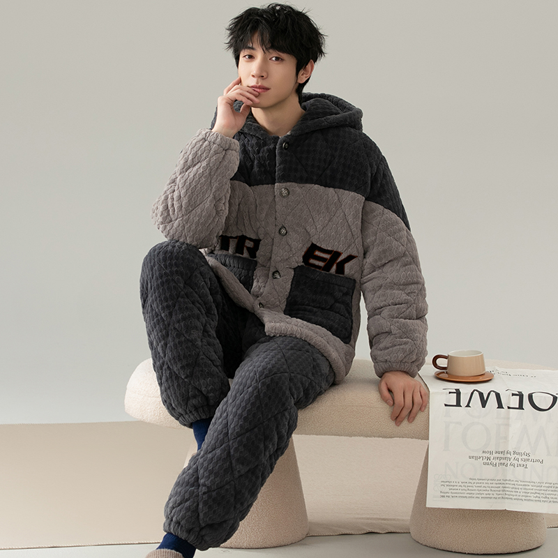 三昌男士睡衣青年冬季三层夹棉珊瑚绒睡衣休闲加绒加厚家居服套装