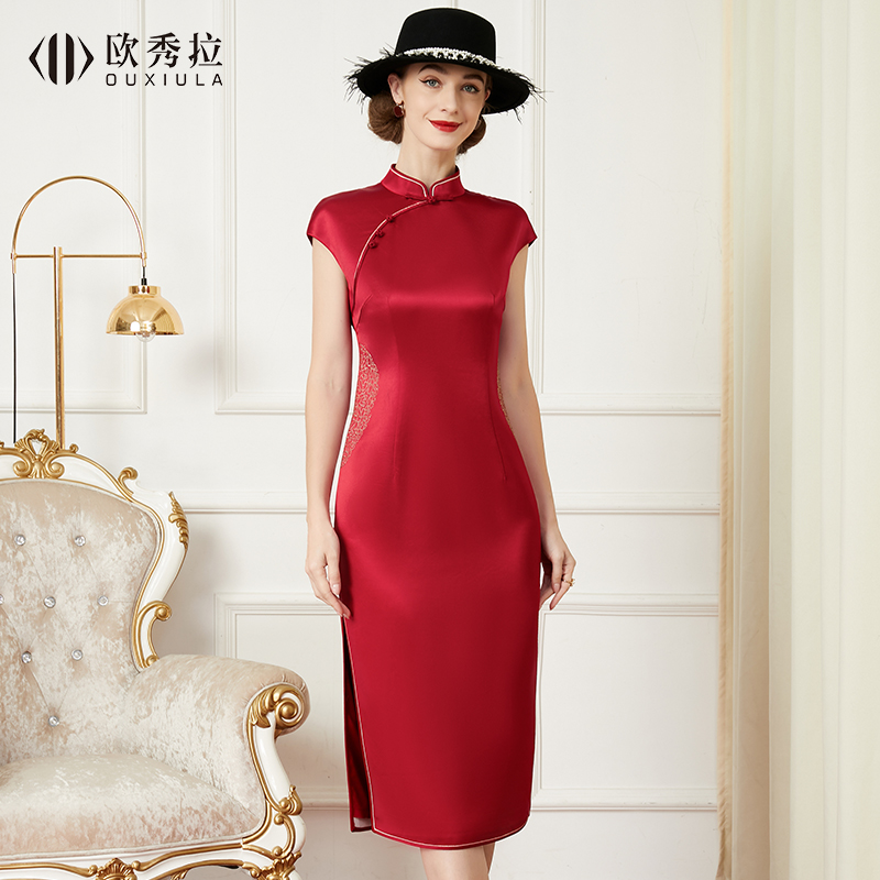 改良旗袍醋酸缎面婚礼妈妈装