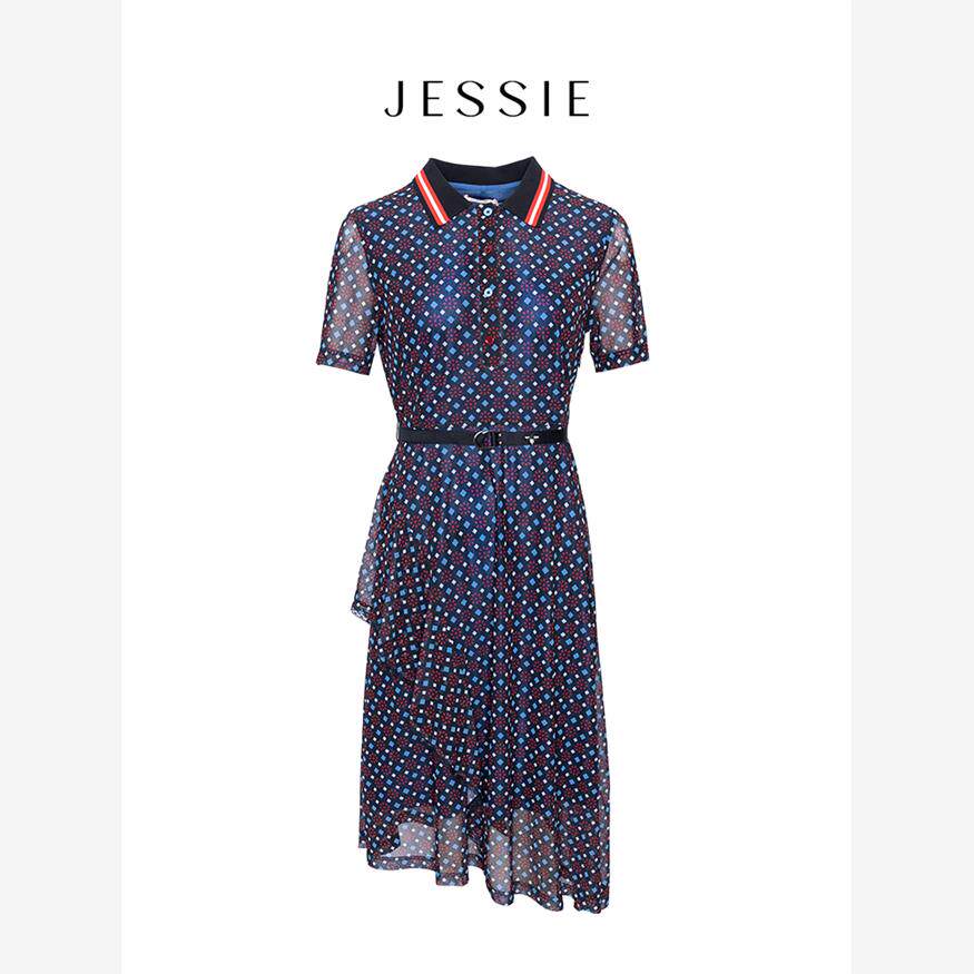 JESSIE时尚撞色翻领几何印花系带连衣裙女春夏款