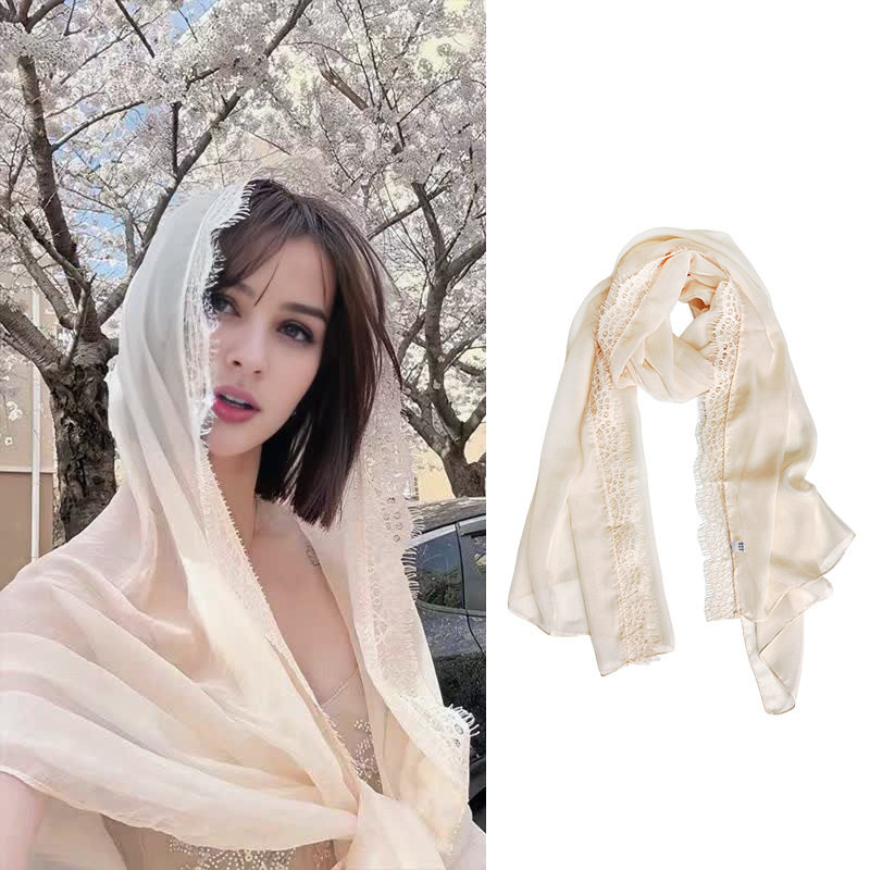 2025纯色蕾丝拼接丝巾百搭围巾女春夏外搭印花雪纺薄丝巾夏季薄款