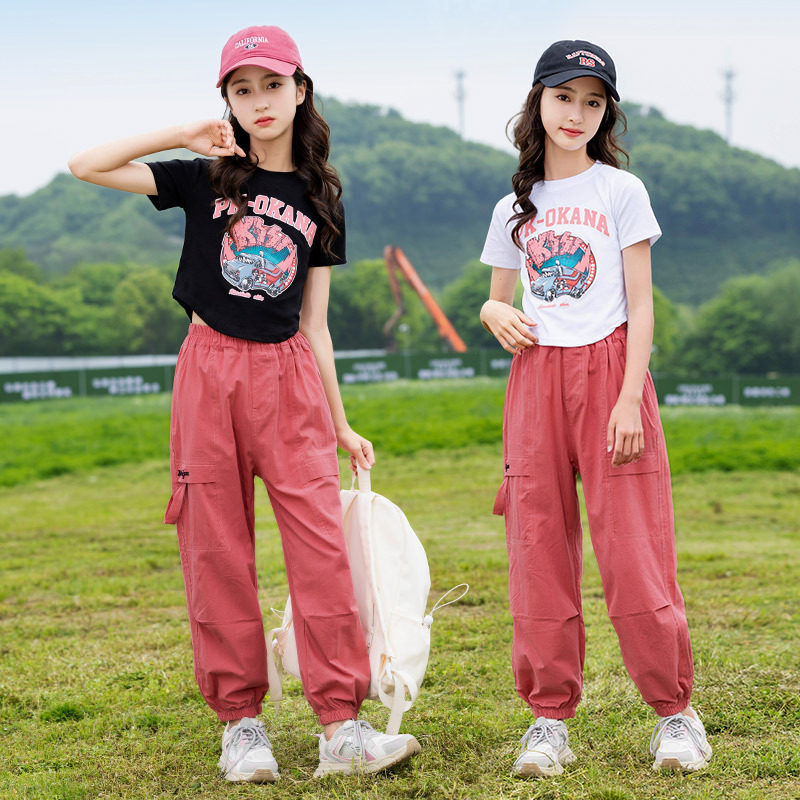 女童套装夏款2026新款儿童大童夏装女孩洋气时髦短袖T恤工装裤潮
