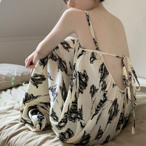 水墨吊带睡裙连衣裙睡衣女2025夏季风长裙露背夏天可出门爆款