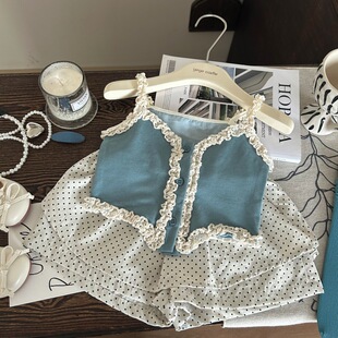 韩版童装2025新款夏季女童蕾丝花边辣妹吊带背心波点裙裤两件套