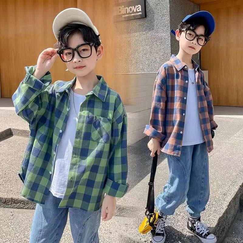男童衬衫春季儿童洋气格子衬衣2024新款中大童男孩上衣春款外套