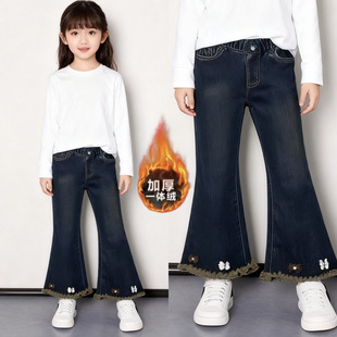 女童加绒秋冬牛仔裤2025一体绒窄版牛仔裤时尚显瘦时髦微喇裤