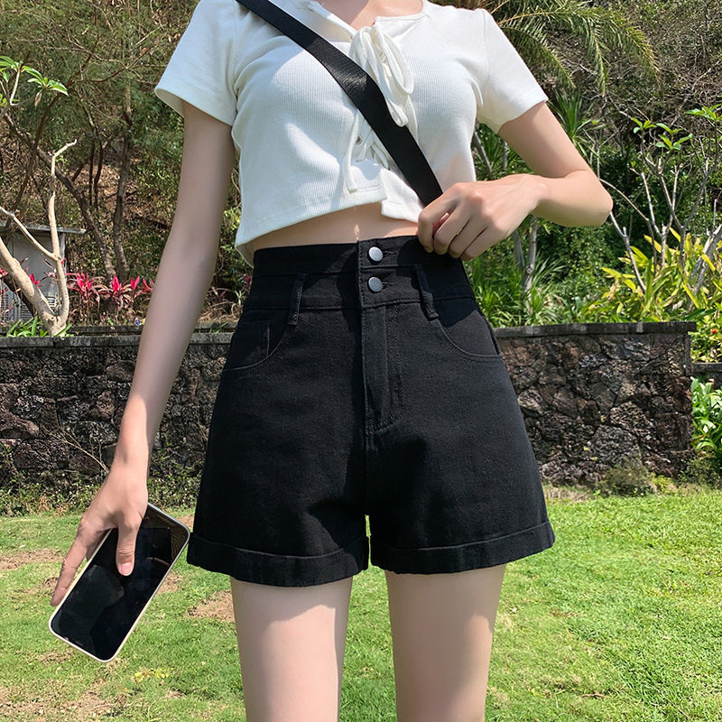 高腰卷边牛仔短裤女夏季2025年新款宽松显瘦阔腿a字百搭黑色裤子