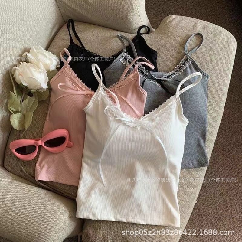 635蕾丝花边v领蝴蝶结甜辣妹粉色吊带背心带胸垫女上衣短款美背