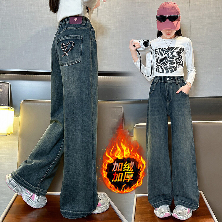冬季新款加绒加厚女童牛仔裤阔腿裤宽松直筒裤中大童儿童裤子秋冬