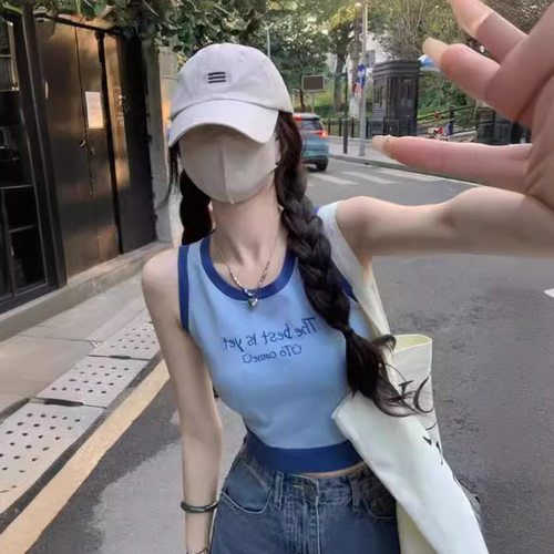 辣妹撞色刺绣针织吊带背心女夏季外穿修身内搭运动短款bm无袖上衣