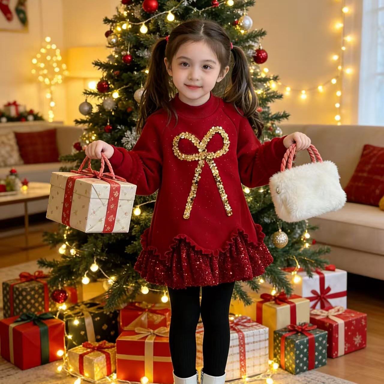 2025女童加绒亮片裙子新年连衣裙女孩喜庆红色卫衣裙女宝洋气年服