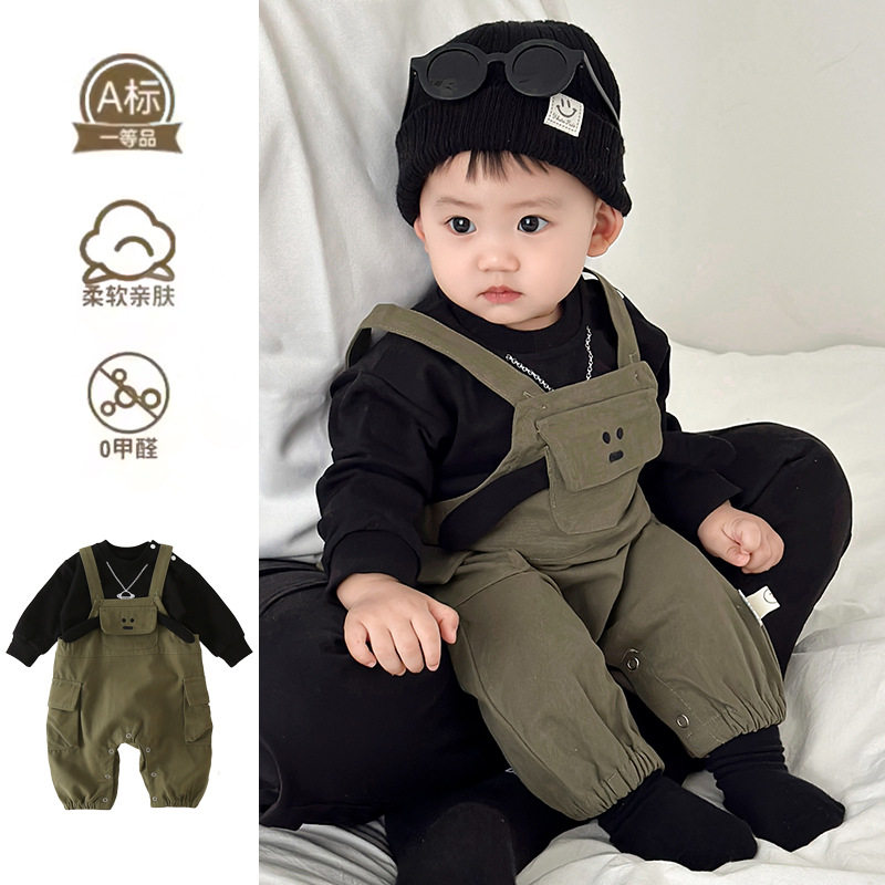 婴儿衣服春秋超酷衬衫卡通背带裤两件套男宝宝韩版哈衣秋外出套装