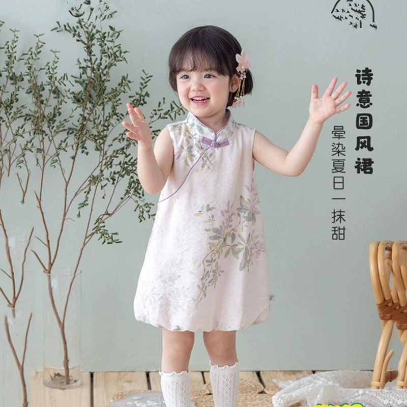 2025新款女宝宝新中式旗袍无袖连衣裙花苞裙摆儿童古韵诗意国风裙