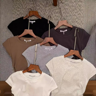 正肩短袖T恤女夏季纯棉紧身褶皱显瘦不规则设计感短款小个子上衣