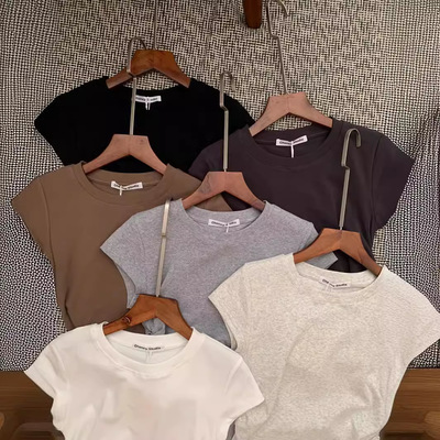 正肩短袖T恤女夏季纯棉紧身褶皱显瘦不规则设计感短款小个子上衣