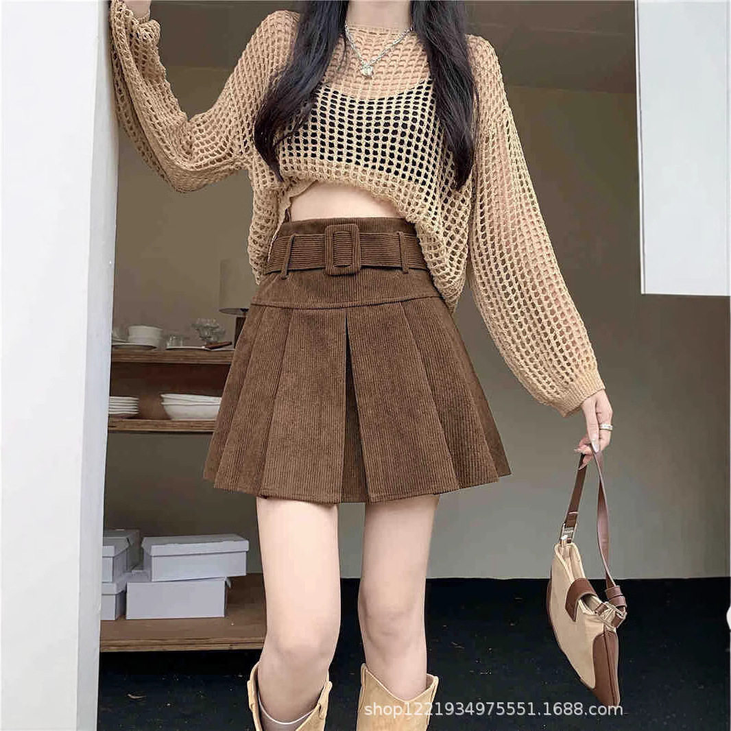 灯芯绒百褶裙a字短裙秋冬女防走光高腰半身裙显瘦黑色遮胯设计感