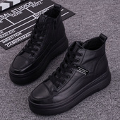 牛皮高帮鞋 流行猫黑色运动鞋 女ins风潮舒适轻便真皮厚底松糕鞋 女