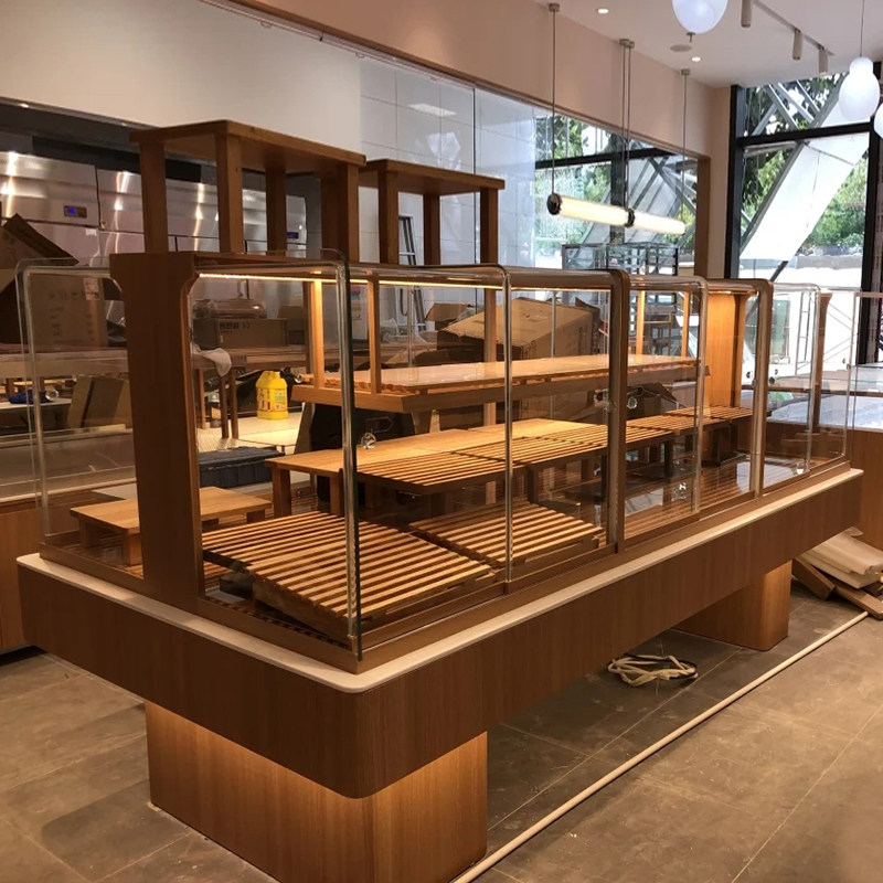 新款日式面包展示柜弧形中岛柜边柜蛋糕店面包架面包展架玻璃商用