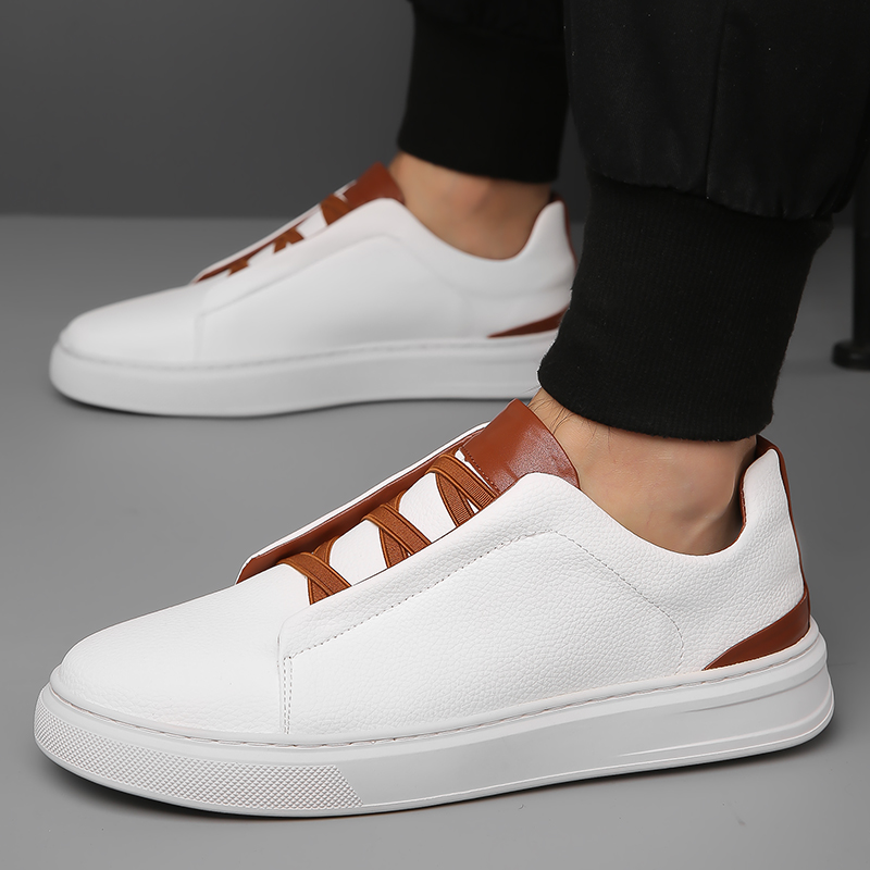 夏季男鞋一脚蹬小白鞋男款商务休闲鞋头层牛皮板鞋免系带白色皮鞋