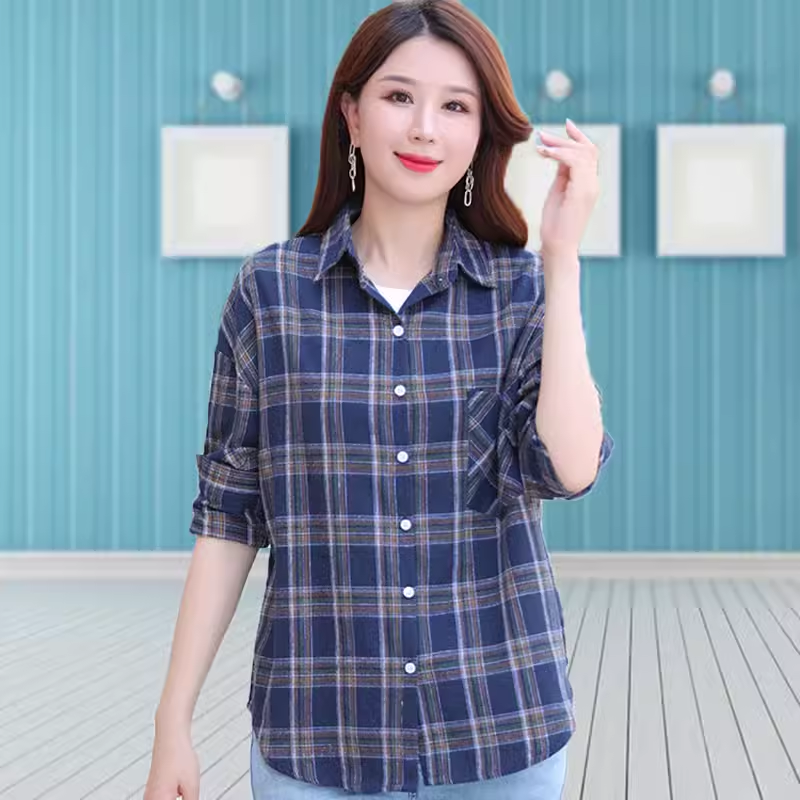 格子衬衫女宽松长袖复古春夏季新款大码女装韩版妈妈衬衣纯棉外套