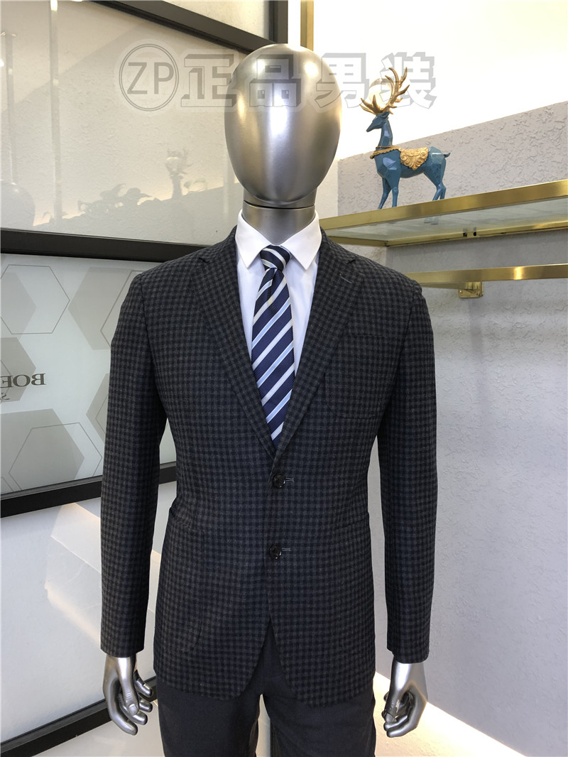 依文专柜断码赔钱男士西服上衣蓝灰色格子高支面料商务修身4980元